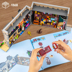 ROKAFU Magic Shop building set bookcase detail adds depth and storage for accessories.
