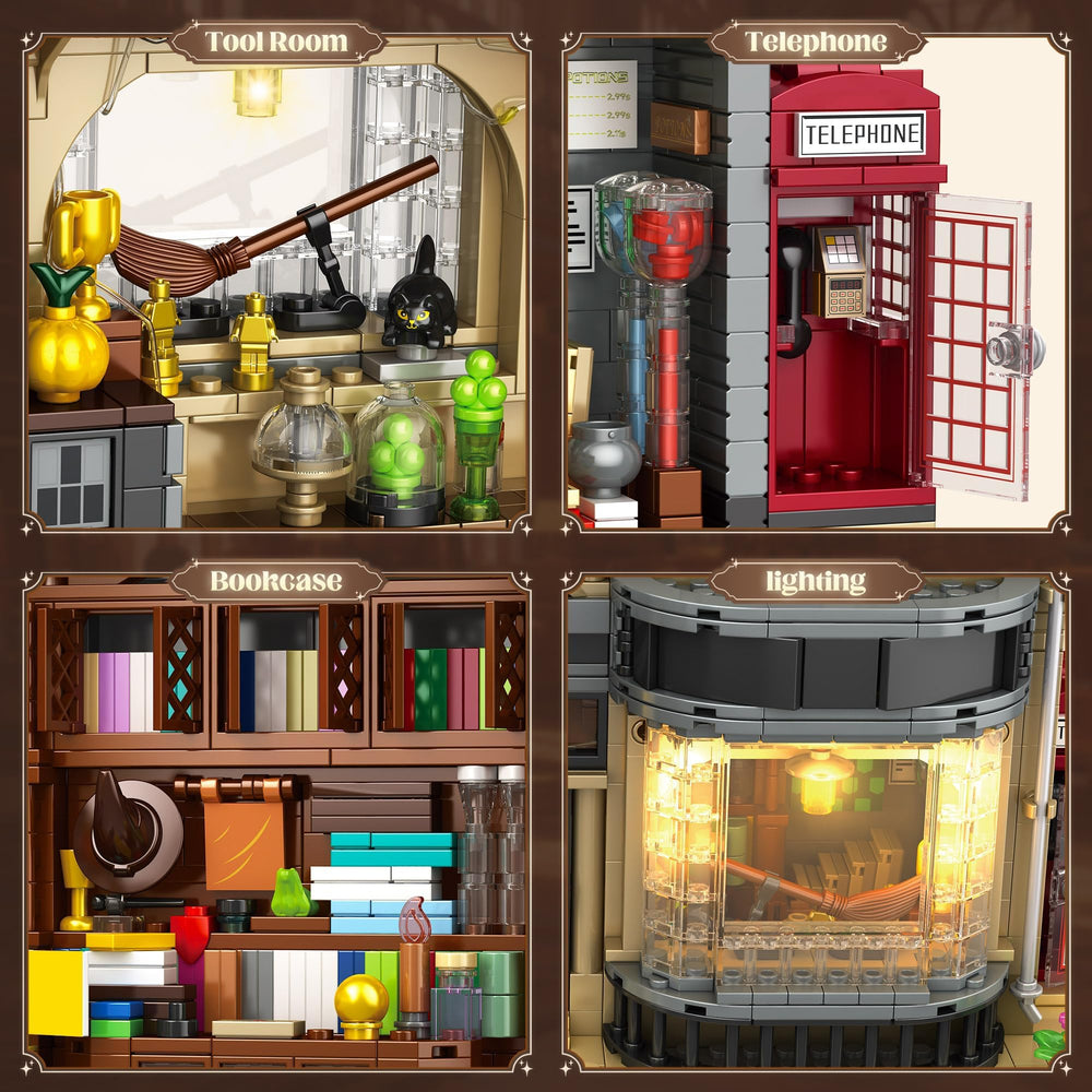 ROKAFU Magic Shop building set red telephone booth stands as a charming feature for creative storytelling.