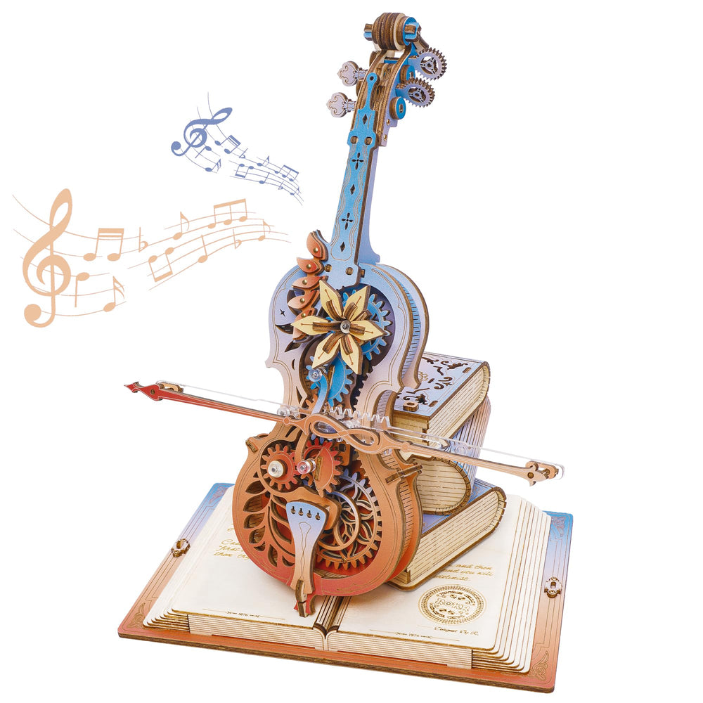 ROKR 3D cello puzzle model assembly shows precise wooden gears for a desk-worthy display.