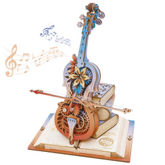 ROKR 3D cello puzzle model assembly shows precise wooden gears for a desk-worthy display.