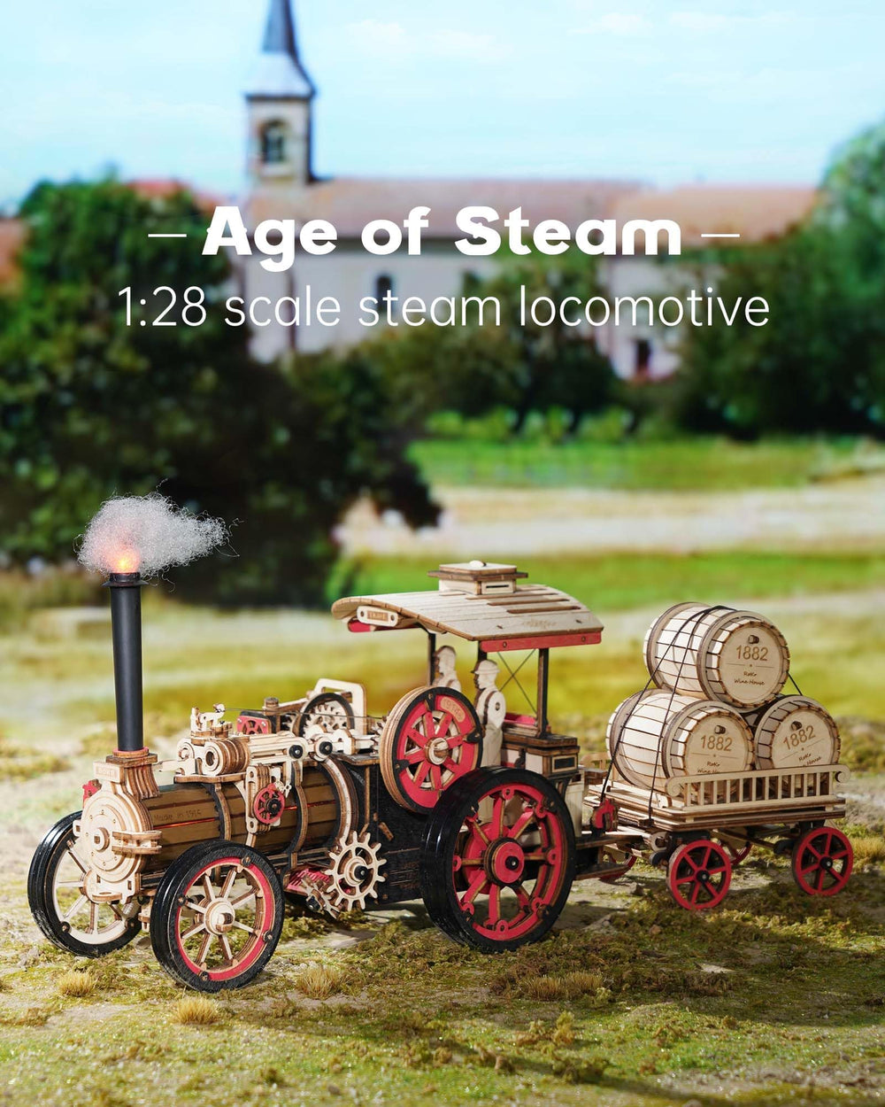 ROKR 3D puzzle vintage steam engine trailer highlights modular build and display