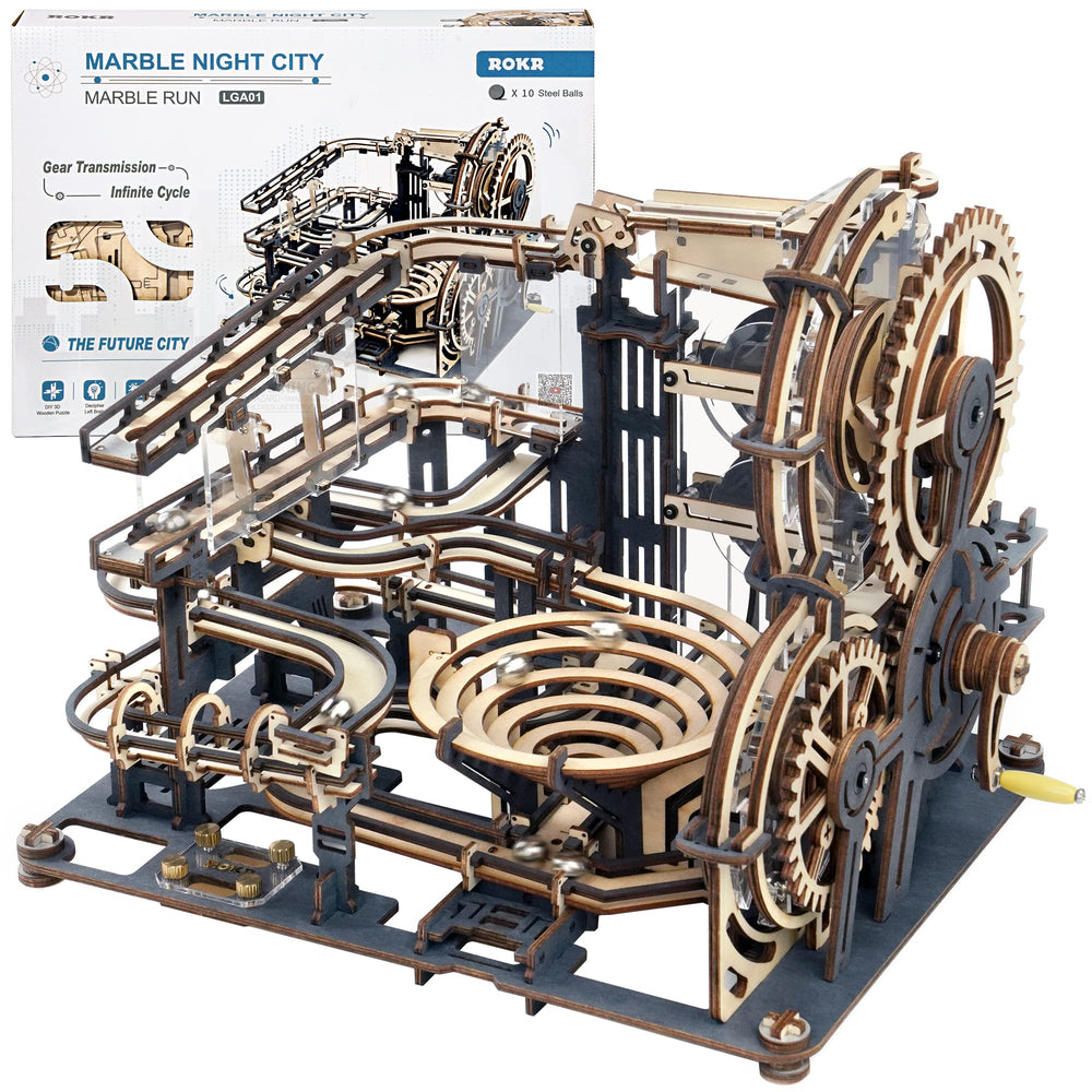 ROKR 3D wooden puzzle night city front view highlighting gear-driven marble motion