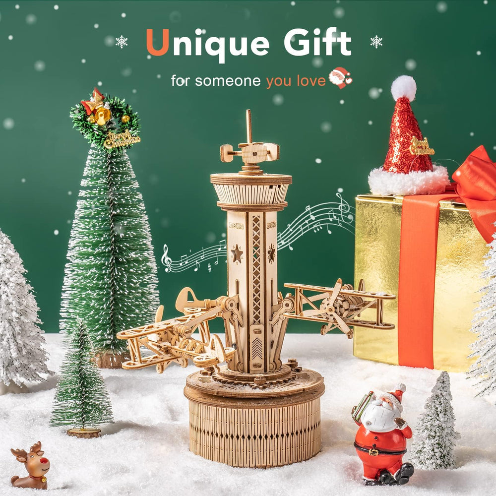 ROKR airplane tower music box windup demonstrates motion and audible charm