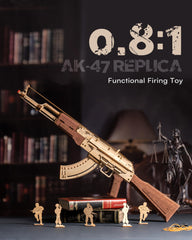 ROKR AK47 wooden model in single shot mode for focused demonstration