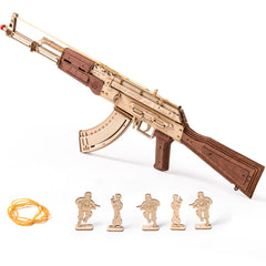 ROKR AK47 wooden 3D puzzle assembly showing precise interlocking parts for a satisfying build