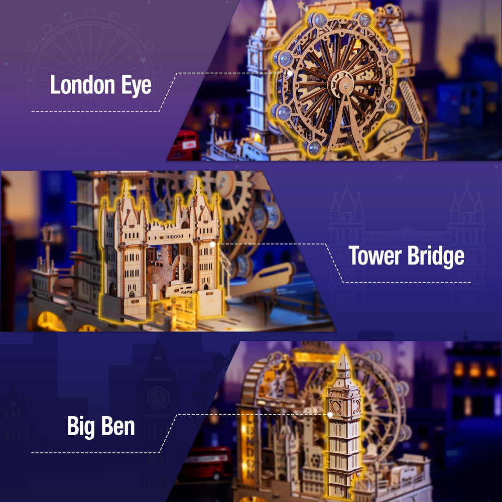 ROKR Big Ben bell mechanism detail highlights kinetic movement and puzzle complexity.