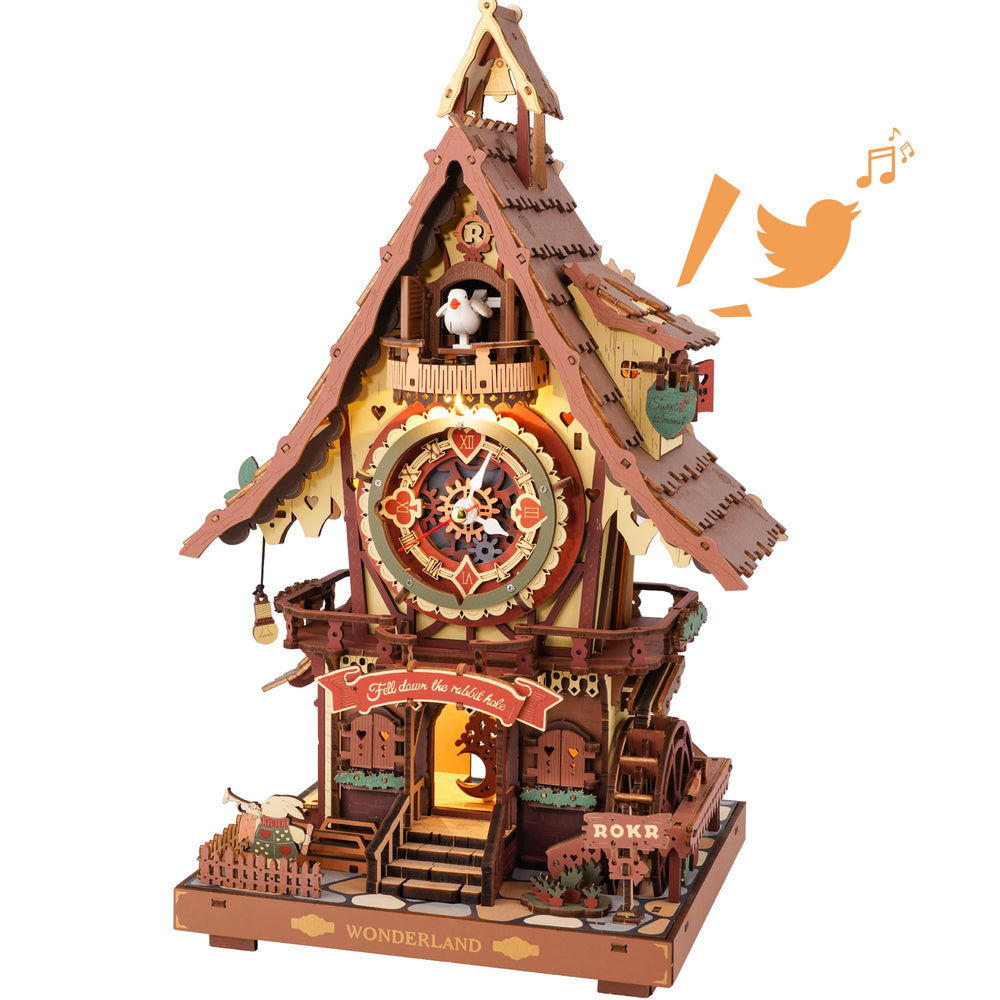 ROKR cuckoo clock 3D puzzle assembly for adults, glue-free and rewarding.