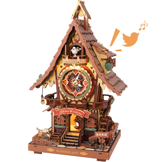 ROKR cuckoo clock 3D puzzle assembly for adults, glue-free and rewarding.
