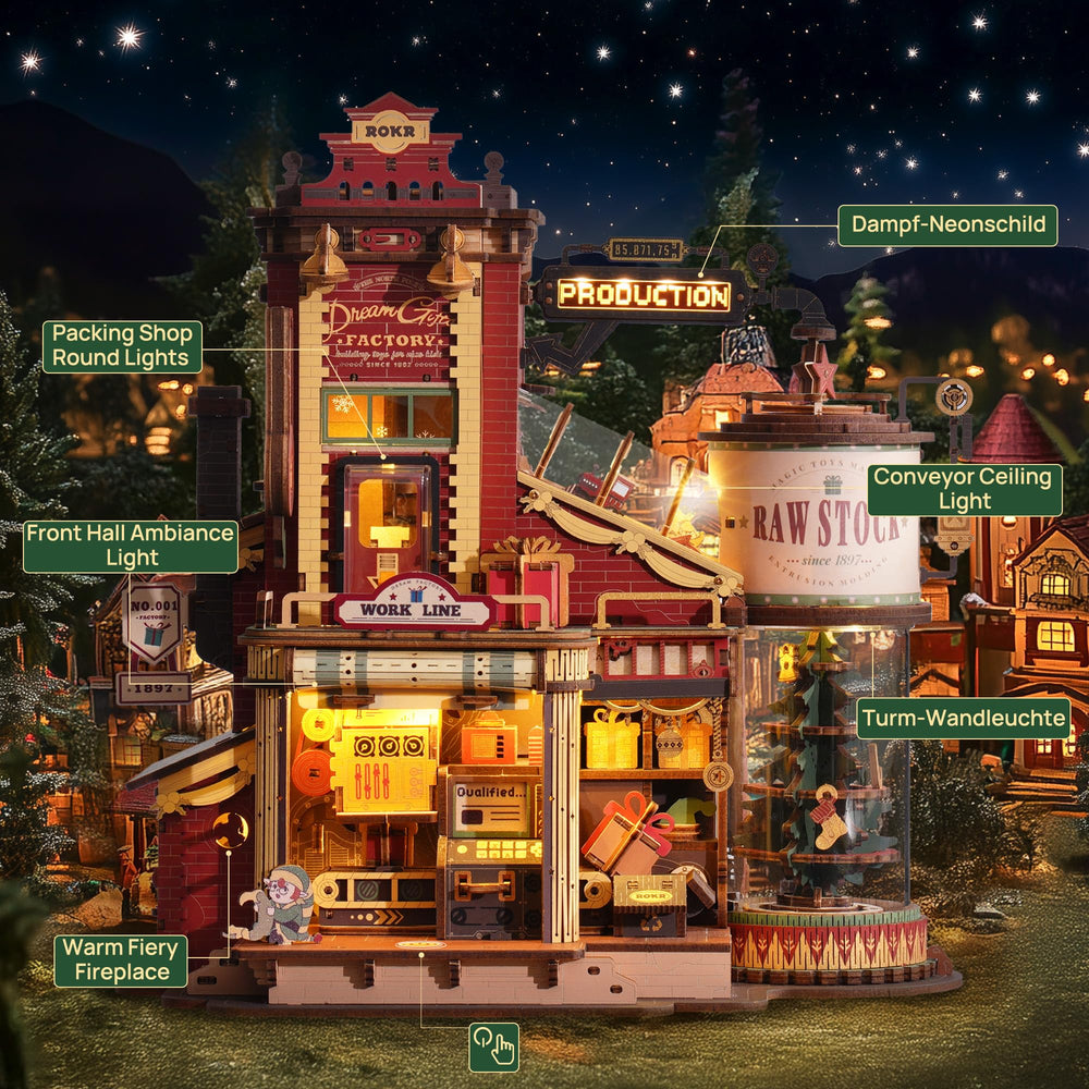 ROKR Dream Gift Factory packaging display with vintage workshop aesthetic