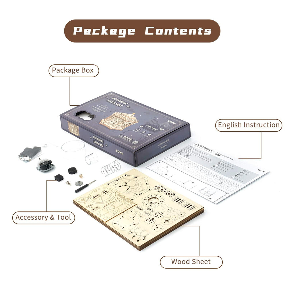 ROKR laser-cut wood parts kit with clear guidance for assembly.