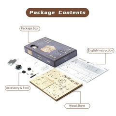 ROKR laser-cut wood parts kit with clear guidance for assembly.