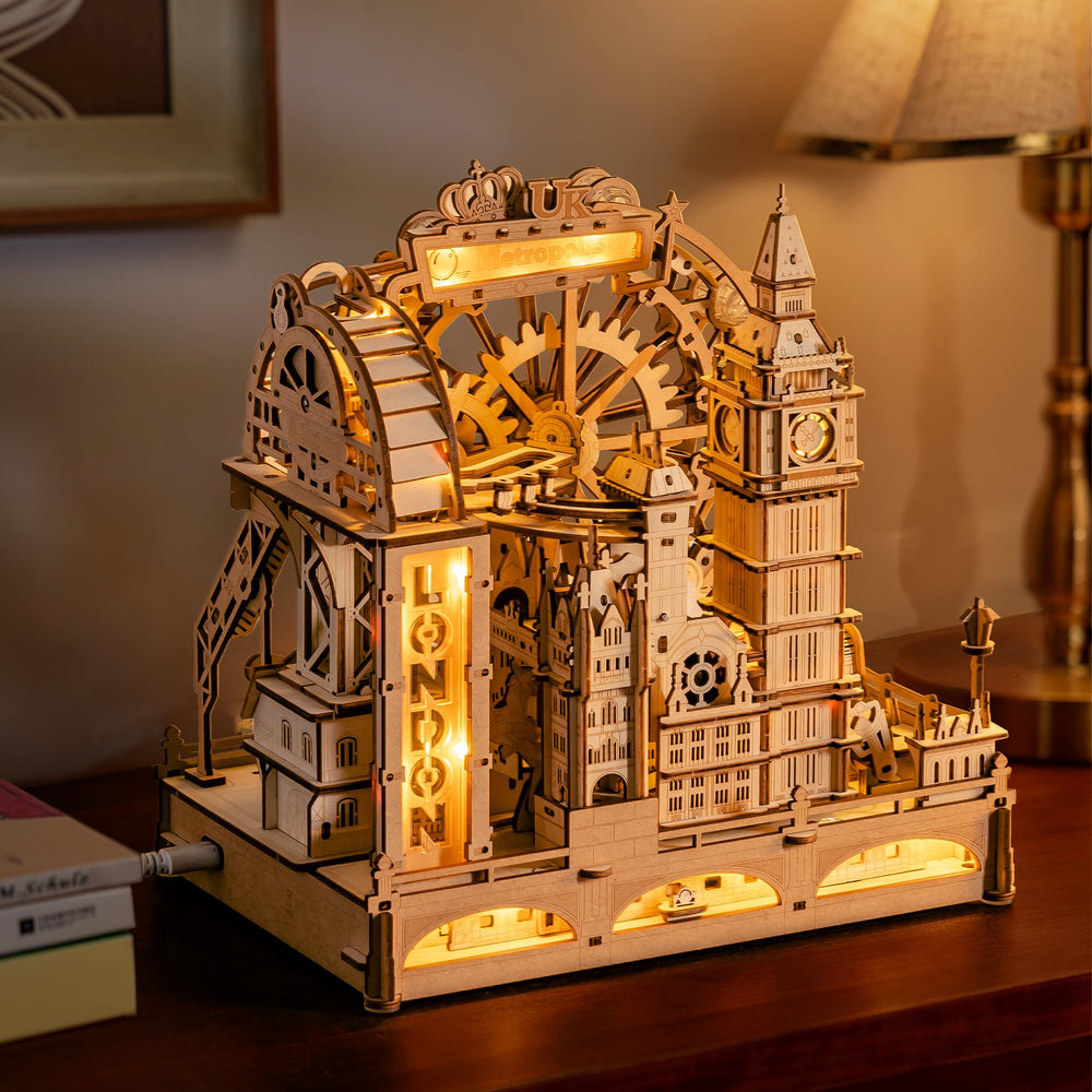 ROKR marble run desk art showcases timeless mechanical design with LED glow.