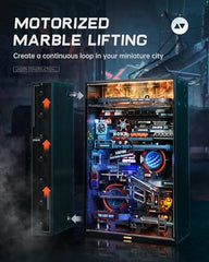 ROKR marble run kit in action features the marble lift and lighting.