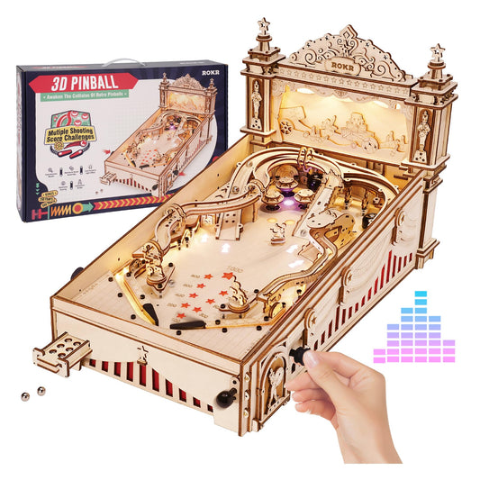 ROKR Miniature Pinball Machine with laser-cut pieces for precise assembly and focused play.