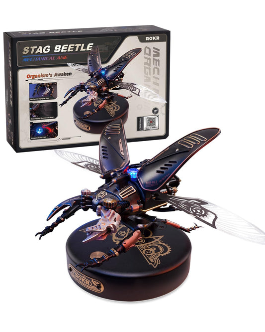 ROKR stag beetle model base for focused, hands-on desk assembly.