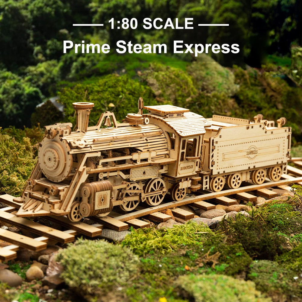 ROKR steam train model with carriage displayed on a desk for decor.