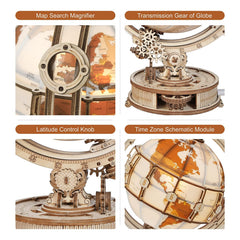 ROKR wooden base supports the globe with sturdy, decorative craftsmanship.