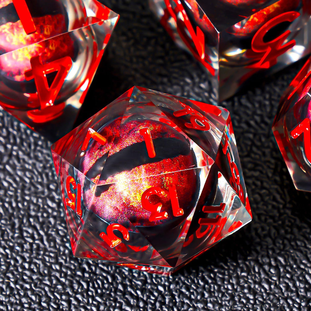 Role dice Dragon Eye DND 7pc set features clear numerals on red resin for easy targeting.