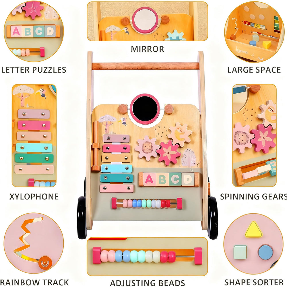RolePlayCook wooden baby walker anti-slip-wheels delivers smooth, stable rides on various floors