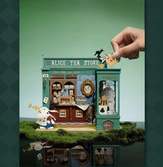 Rolife Alice's Tea Store wooden pieces close-up for tactile crafting inspiration.