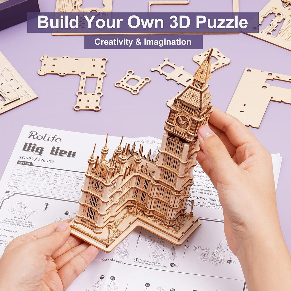 Rolife Big Ben puzzle instruction pack featuring illustrated guide for step-by-step assembly