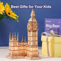 Rolife Big Ben puzzle laser sheets displaying precise plywood panels ready for assembly