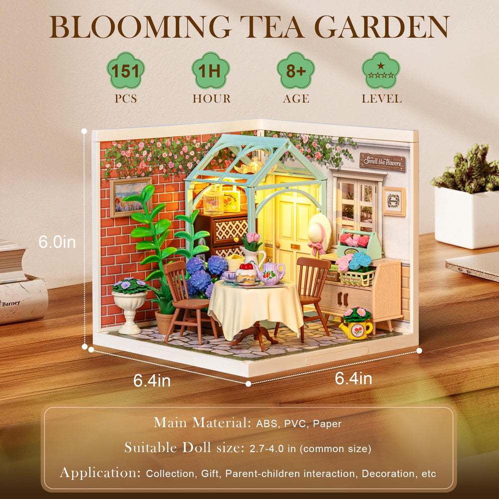 Rolife Blooming Tea Garden building process close-up, assembly steps in focus.