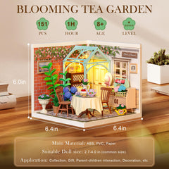 Rolife Blooming Tea Garden building process close-up, assembly steps in focus.