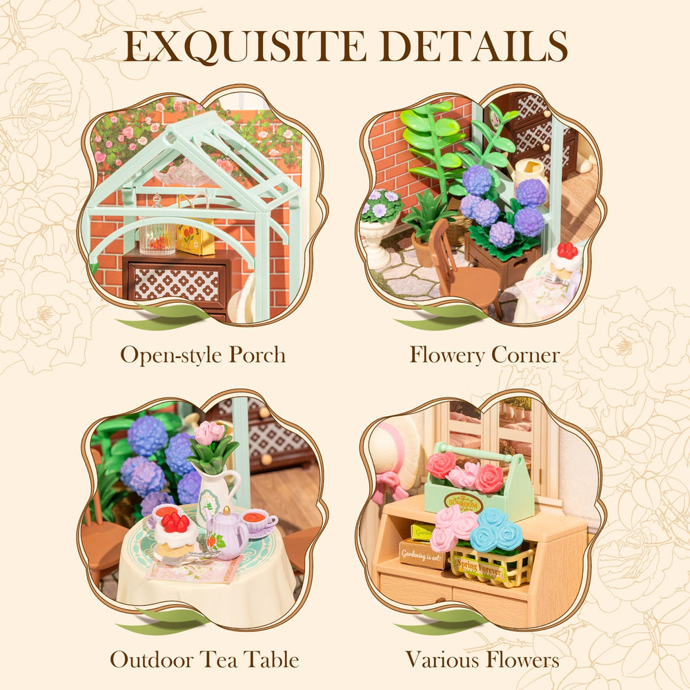 Rolife Blooming Tea Garden display piece, a charming home or office accent.