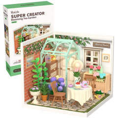 Rolife Blooming Tea Garden front view, serene miniature tea house for stylish decor.