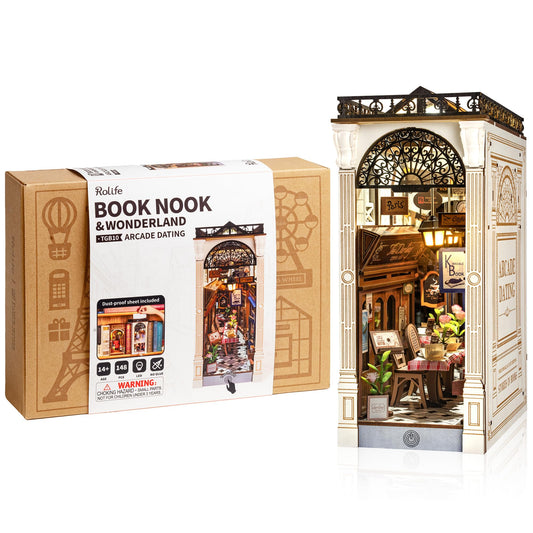 Rolife book nook arcade diorama with sunlight-like glow for shelf ambience