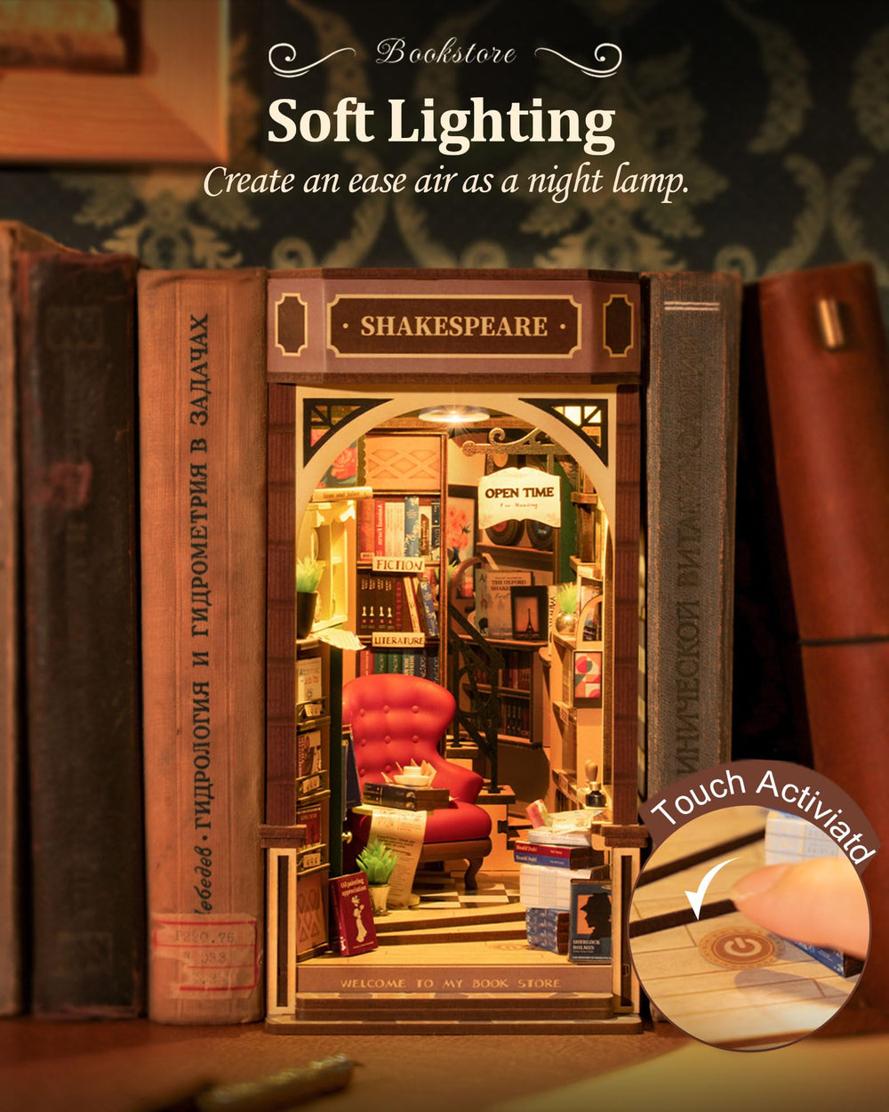Rolife Book Nook Kit LED lights illuminate the scene with warm ambience