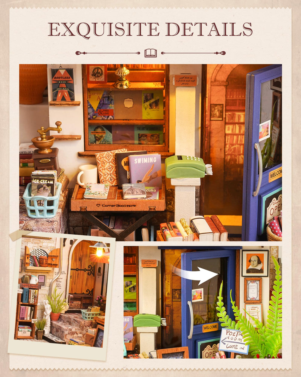 Rolife Bookstore Kit Desk Chair, adds functional detail to the dollhouse