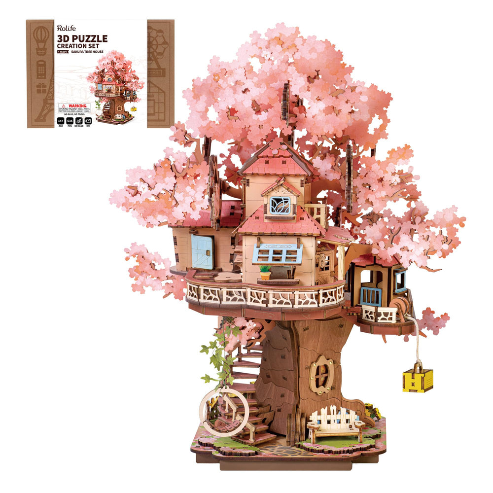 Rolife cherry blossom bonsai puzzle packaging shot showing gift-ready appeal