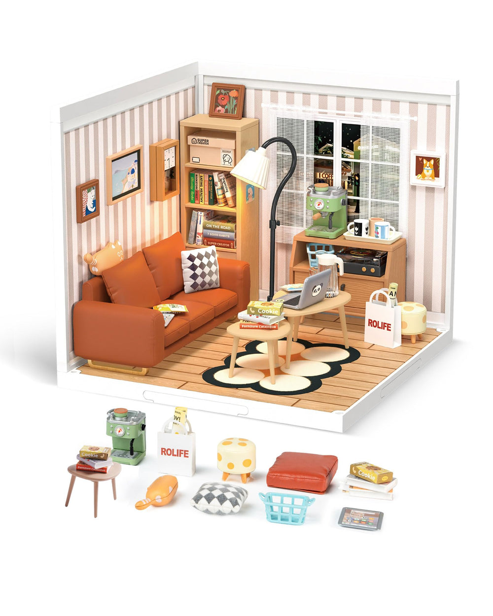 Rolife Cozy Living Lounge LED light enhances vivid diorama display.