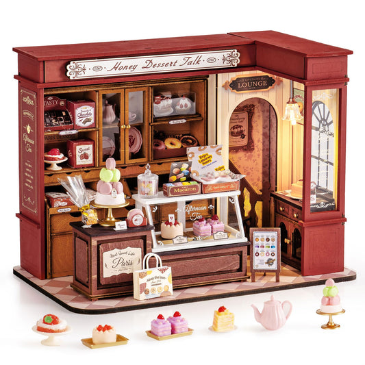 Rolife dessert shop diorama with macarons enhances any shelf display.