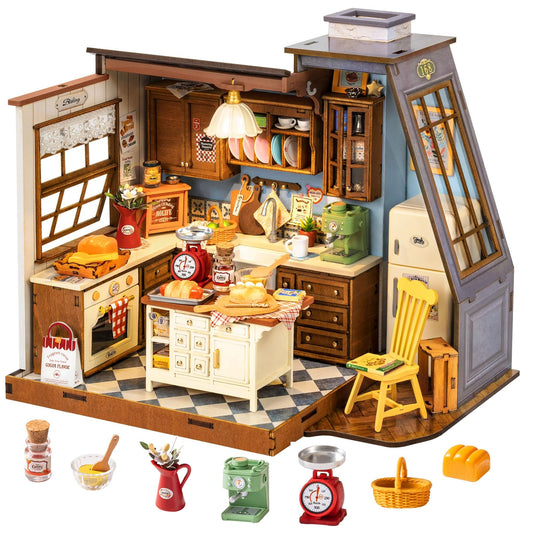 Rolife dollhouse miniature kitchen with baking accents for realistic tabletop display