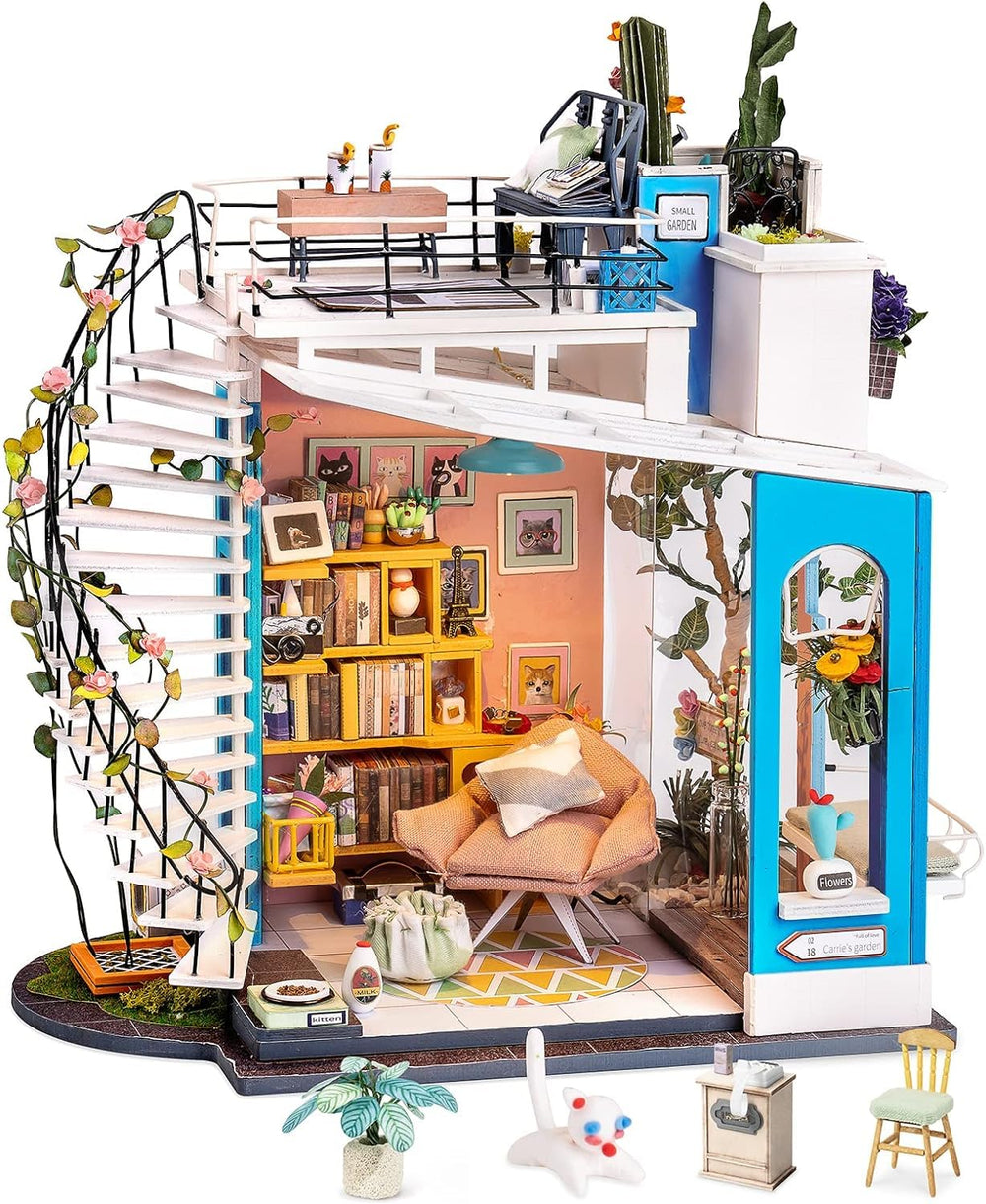 Rolife Dora's Rooftop dollhouse kit front view with furnished rooms for imaginative play
