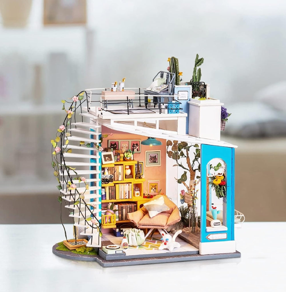 Rolife Dora's Rooftop interior detail showcases tiny furniture for realistic display