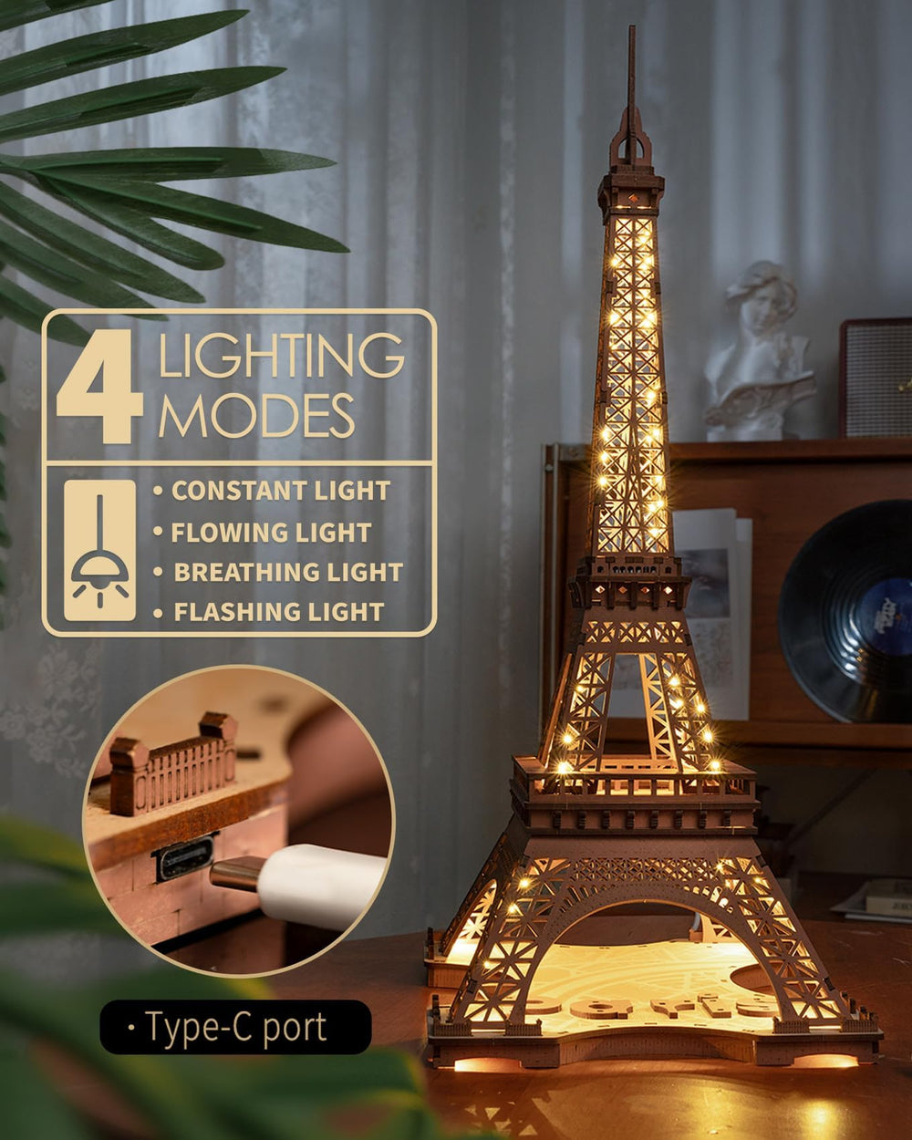 Rolife Eiffel Tower detail shot, precise laser-cut parts for sturdy assembly.