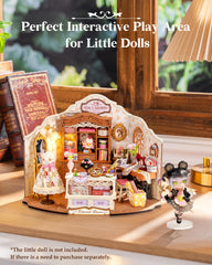 Rolife Elsa's Tailoring miniature kit contents include fabrics, pieces, and tools.