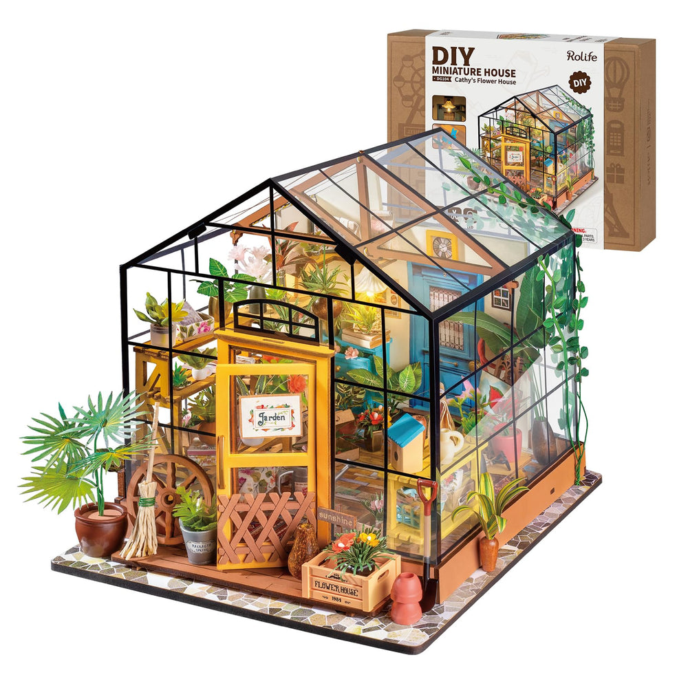 Rolife green house dollhouse kit assembly view with precise interlocking pieces for a satisfying build.