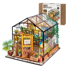 Rolife green house dollhouse kit assembly view with precise interlocking pieces for a satisfying build.