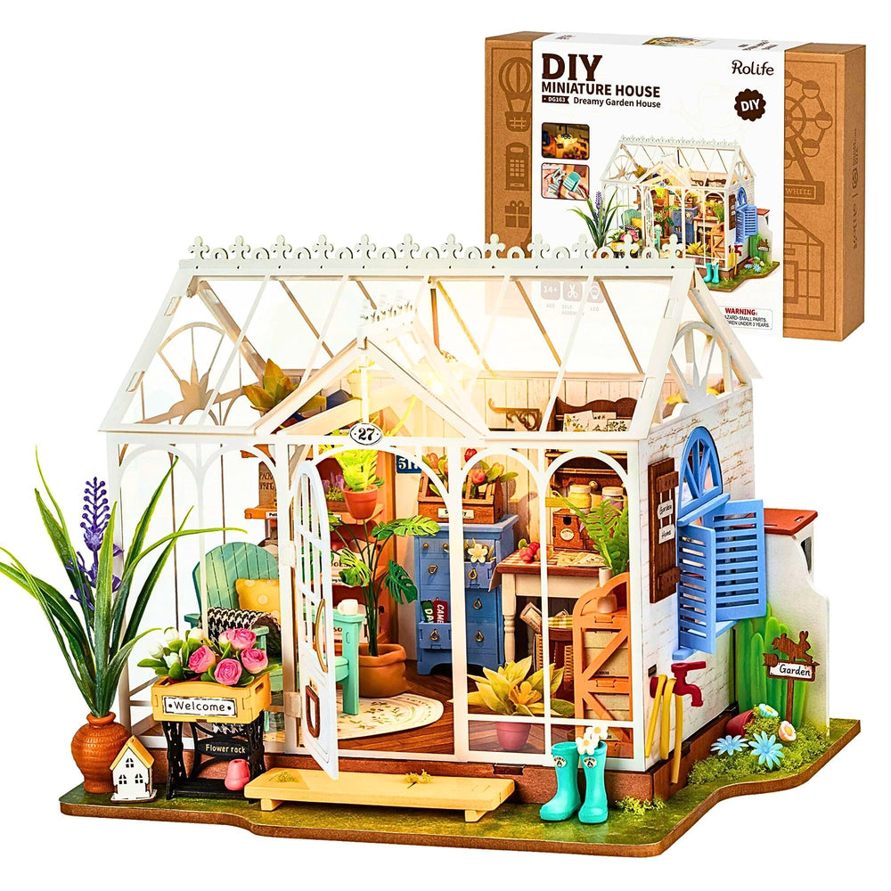 Rolife greenhouse dollhouse front view, chic desk decor and creative hobby.