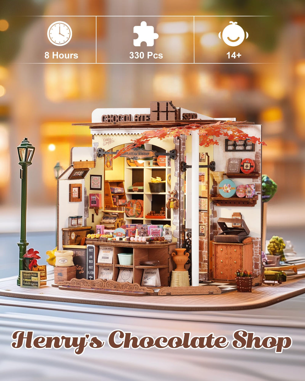 Rolife Henry's Chocolate Shop interior details for a charming shelf diorama.