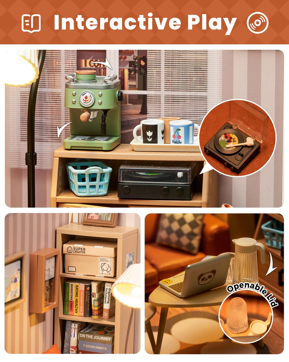 Rolife bookshelf filled with magazines adds storytelling depth.