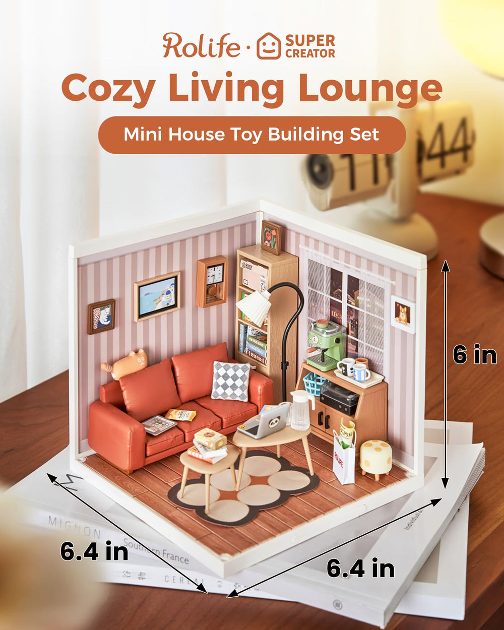 Rolife miniature sofa with cushion and snack for realistic role play.