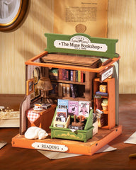Rolife Muse Bookshop interior detail enhances realistic diorama accents.