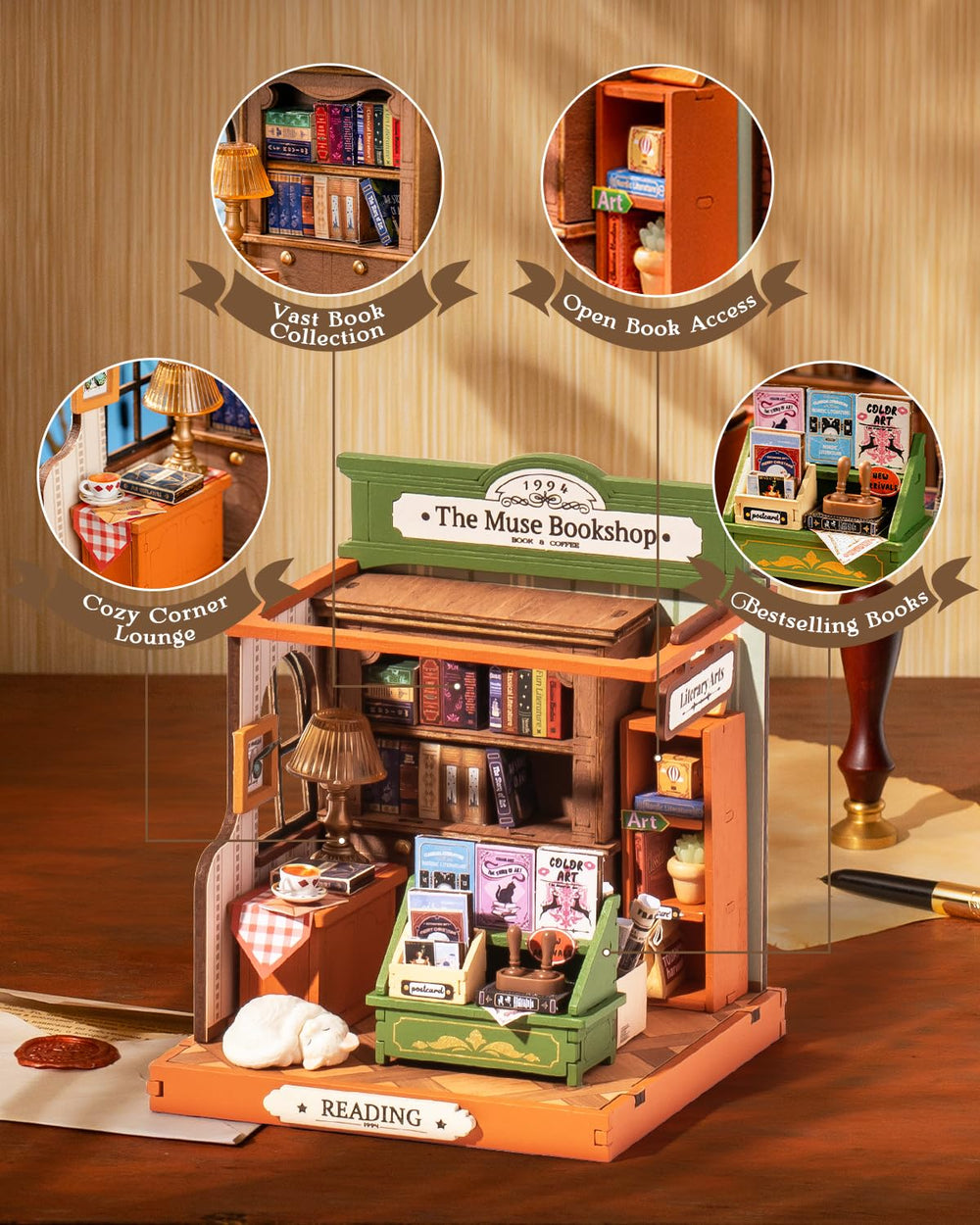 Rolife Muse Bookshop shelf decor adds authentic miniature charm.