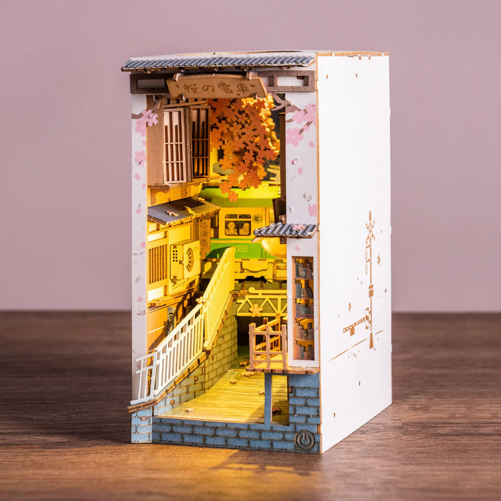 Rolife Sakura Densya river tram scene enhances cozy shelf decor